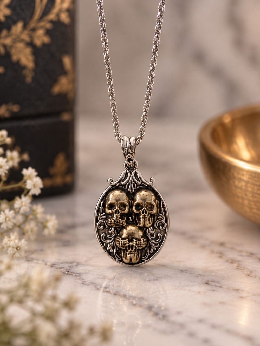 Three Wise Skulls Pendant Necklace